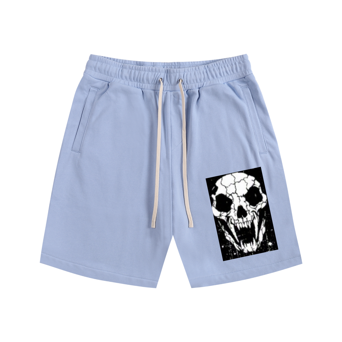 Sky blue cotton shorts with elastic waistband, drawstring, side pockets, and skull front graphic.