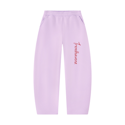Light purple barrel-leg unisex sweatpants with red logo and elastic waistband