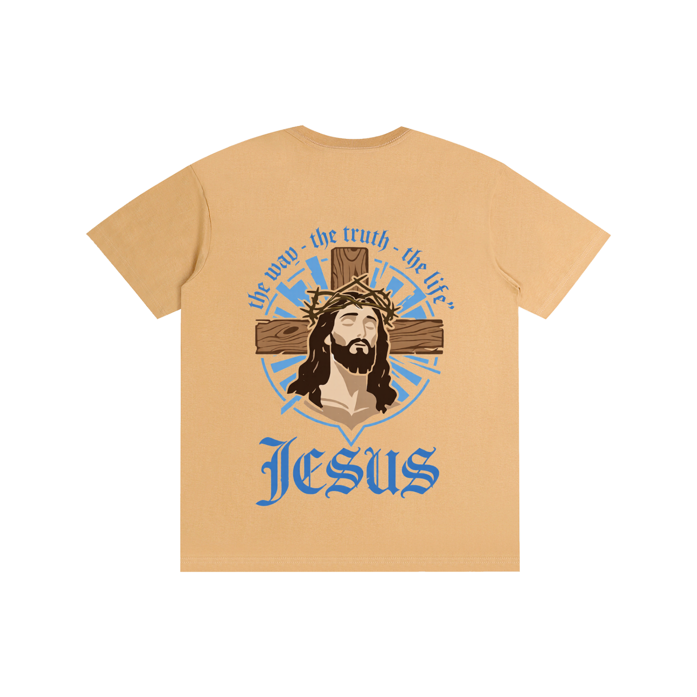 Unisex pure cotton T-shirt, caramel beige with Jesus logo in blue and gold