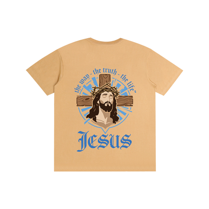 Unisex pure cotton T-shirt, caramel beige with Jesus logo in blue and gold
