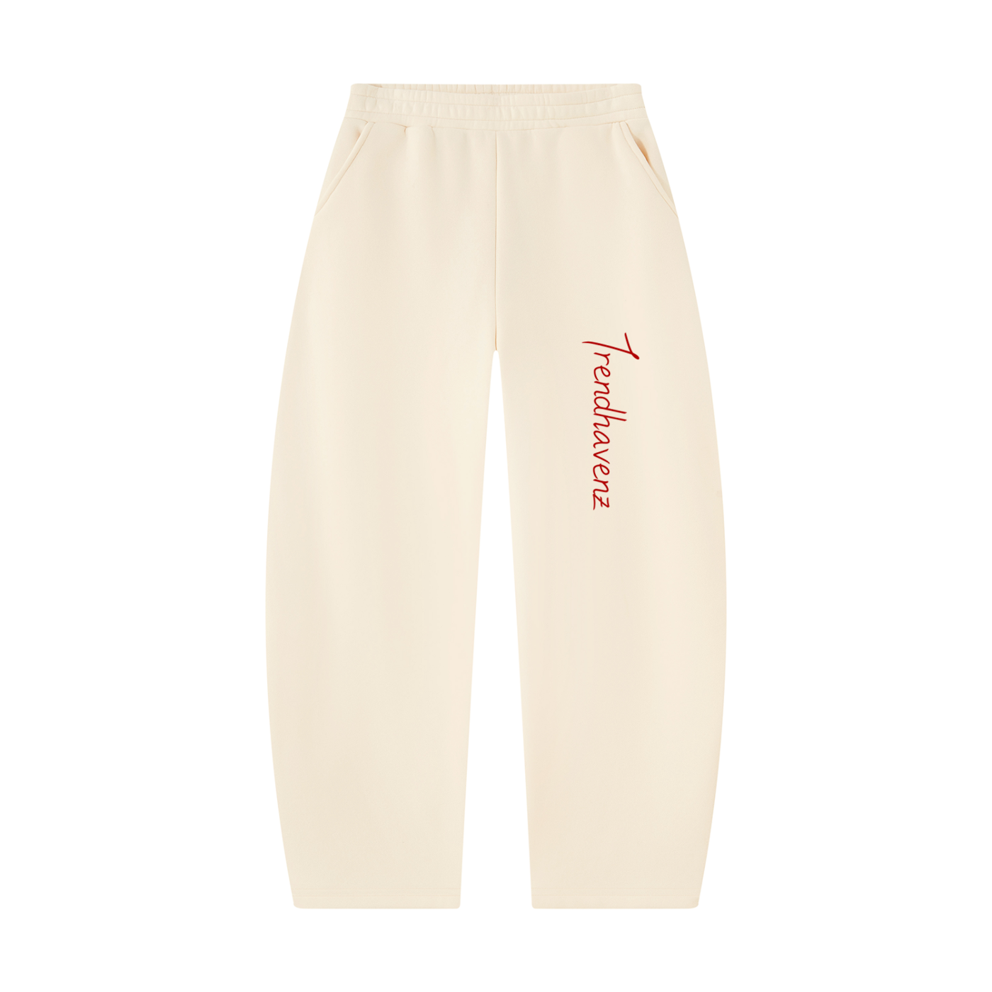 Ivory barrel-leg unisex sweatpants with red logo and elastic waistband
