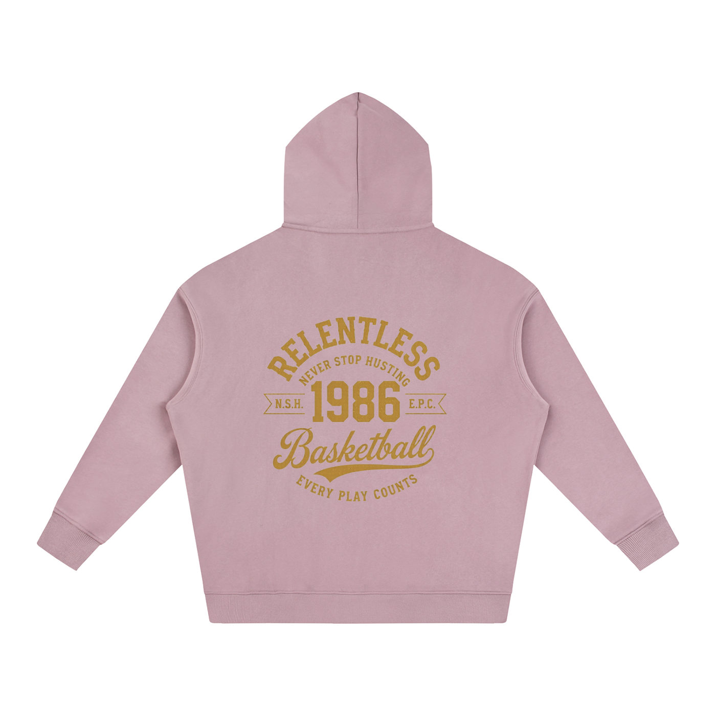Oversize fleeced hoodie, mauve; back features large “Relentless 1968 Basketball” graphic
