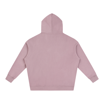 Oversize mauve/pink fleece pullover hoodie, back view with hood and long sleeves