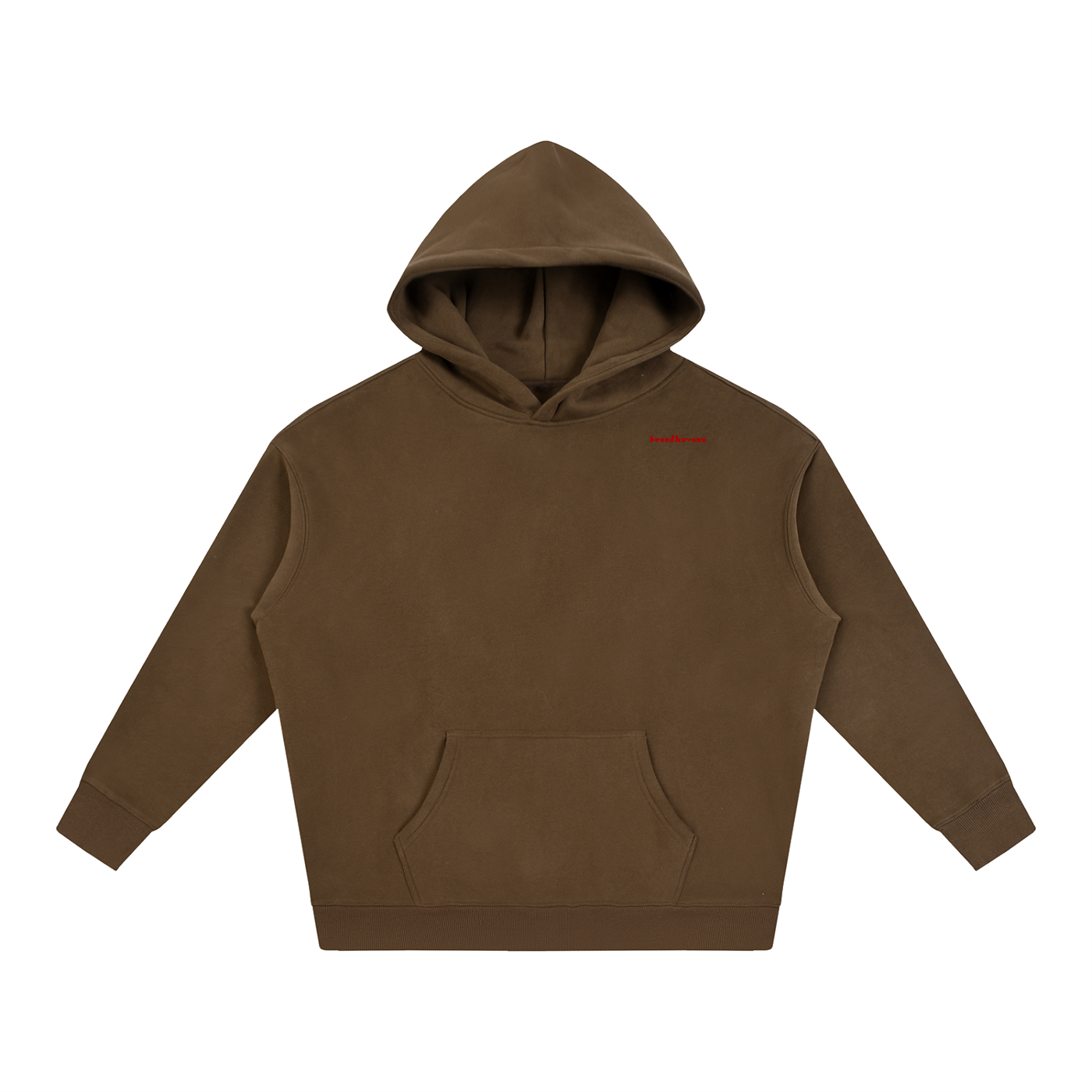 Oversized fleeced hoodie, brown hooded front with kangaroo pocket and ribbed cuffs