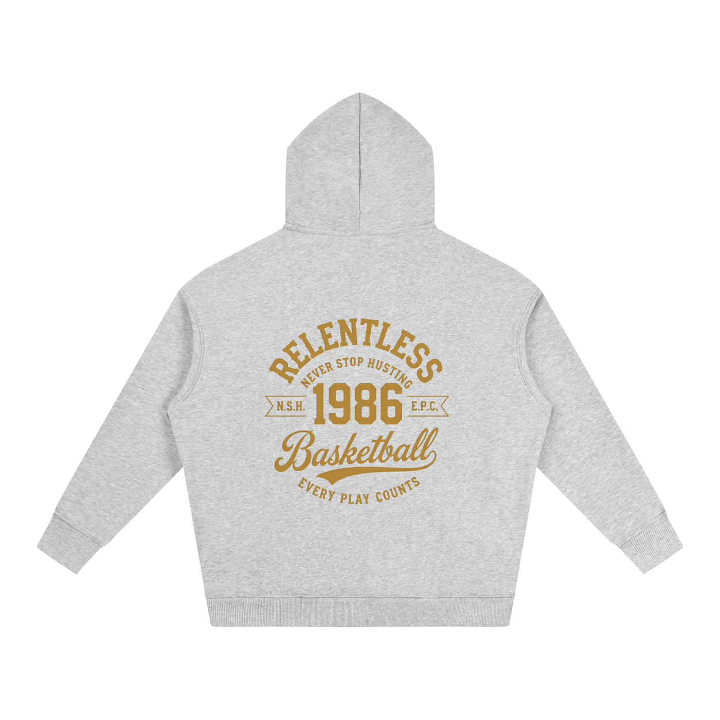 Oversized fleece hoodie, light gray, back basketball graphic, hood and kangaroo pocket
