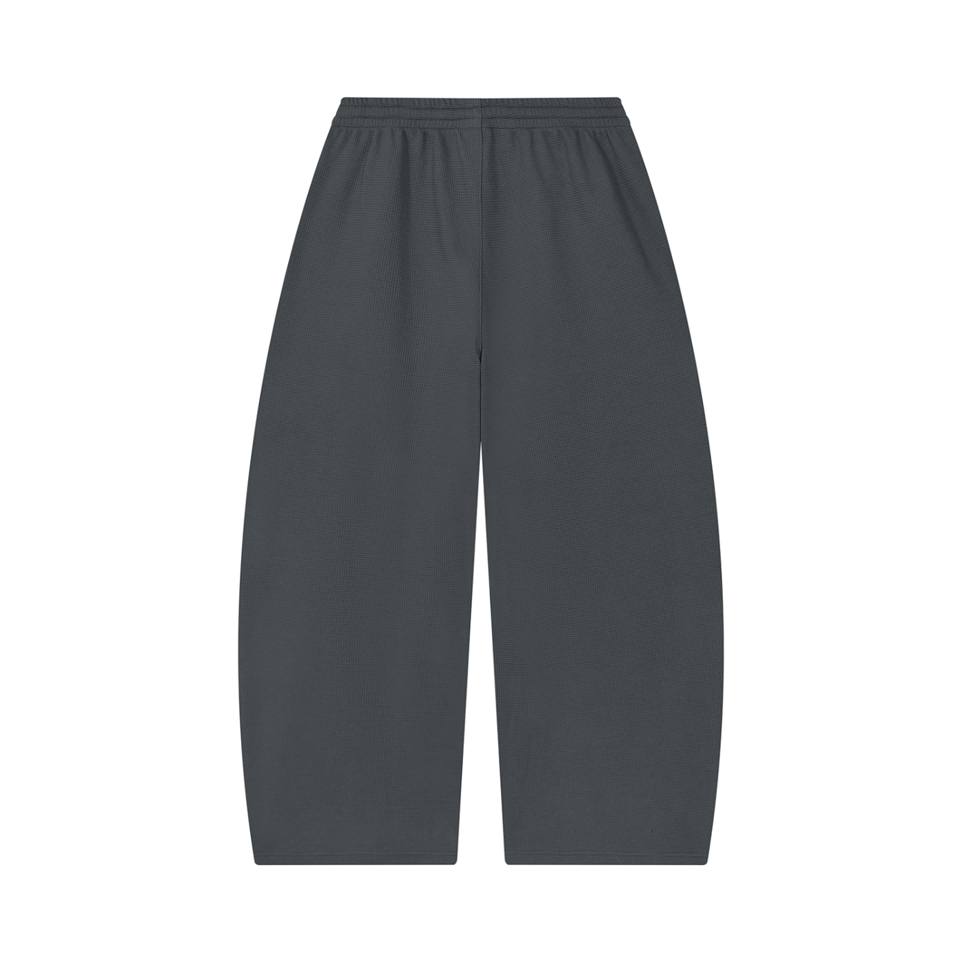 Dark gray barrel-leg pants with elastic waist and drawstring, relaxed fit