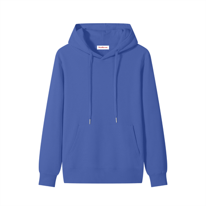 Blue cotton pullover hoodie with hood, drawstrings, and front kangaroo pocket.