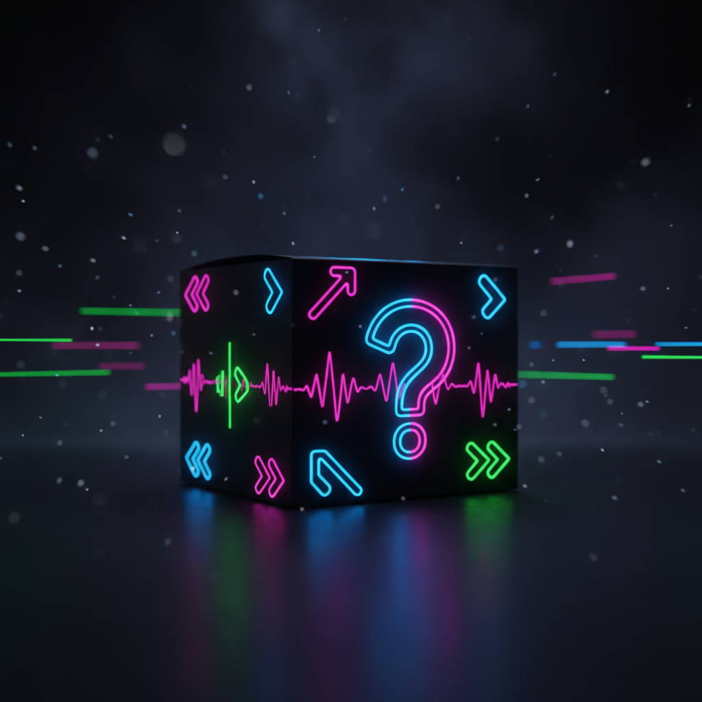 Small mystery box with neon question-mark graphic and colorful arrows