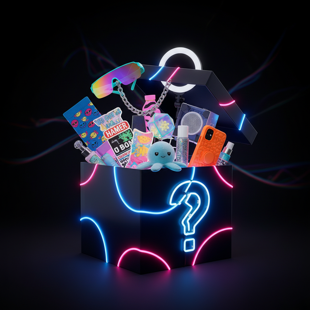 Large mystery gift box with assorted collectibles and hanging chain charm, neon graphic design